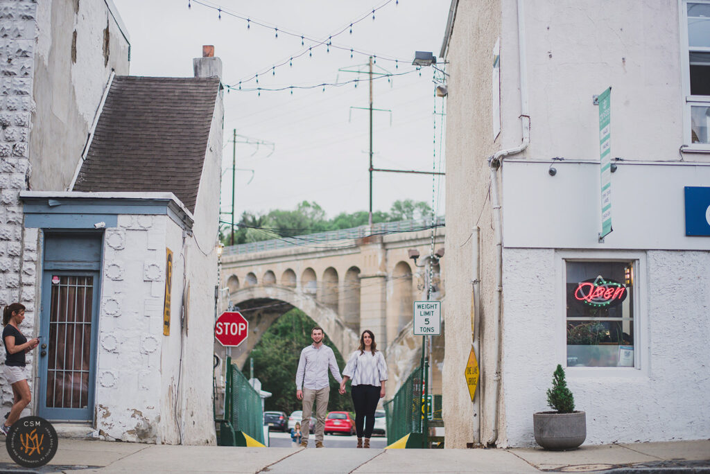 Jackie and Brian's downtown Manayunk Engagement Session in Manayunk, PA captured by classic and creative eastern pennsylvania wedding photographer CSM Photography