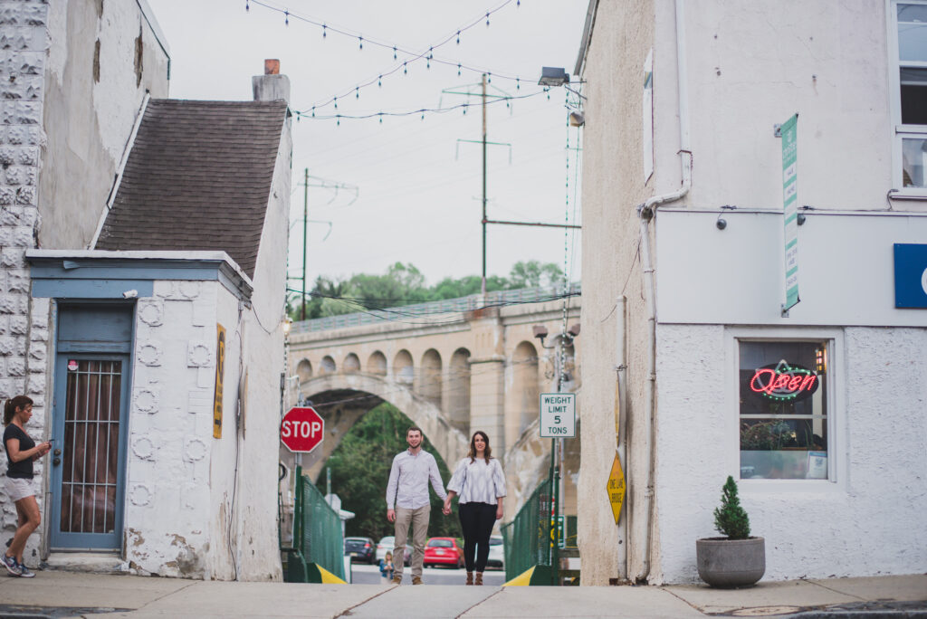 Jackie and Brian's downtown Manayunk Engagement Session in Manayunk, PA captured by classic and creative eastern pennsylvania wedding photographer CSM Photography